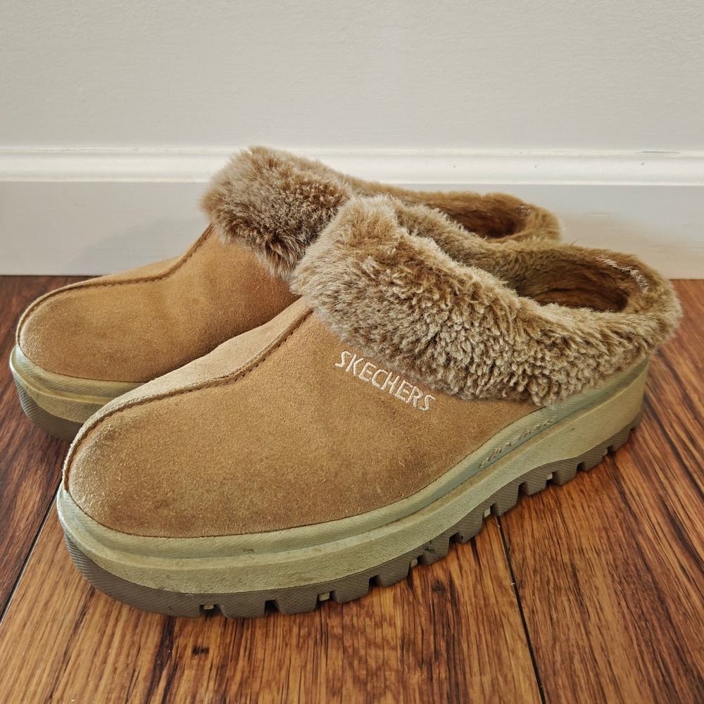 Skechers Faux Fur Slip On Jammers Women's 9 Chestnut Tan Y2k Chunky Platform 90s